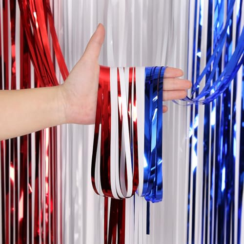 JIHUOO 2 Stück 1 x 2 m 4. Juli Luftschlangen rot-weiß und blau Hintergrund Vorhänge patriotische Party Luftschlangen Unabhängigkeitstag Girlande Gedenktag Banner Lametta Folie Fransenvorhänge