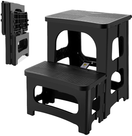 Folding 2-Step Stool for Adults, Non-Slip Collapsible Footstool for Kids Toddlers, Portable Bedside Step Stool, Hold up to 300 lbs, Lightweight & Foldable Step Ladder for Kitchen Pool Office Home RV