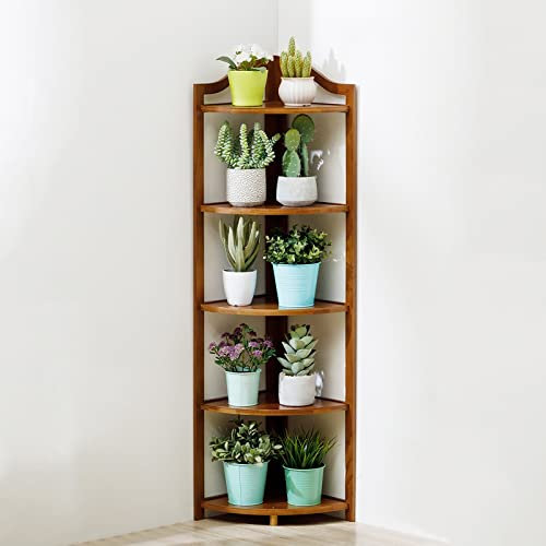 Bamboo Corner Shelf Plant Stand Bookshelf with 5 Tier Multipurpose Shelving Unit for Plants Living Room Home Office and Kitchen Brown