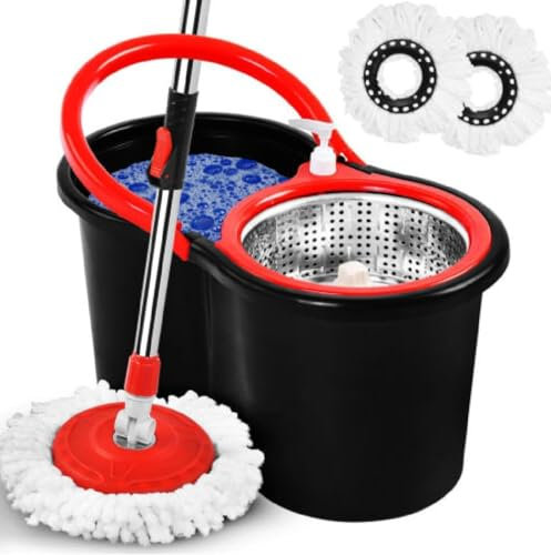 Home Beauty Revolving Spin Mop and Bucket With 2 Extra Pads Perfect For Easy Cleaning. Clean and Dirty Water Separtered For Perfect Finish (Black)