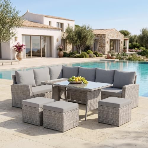 EVRE 9 Seat Marilyn Corner Sofa & Dining Rattan Garden Furniture Set for Indoor Outdoor Patios Gardens Conservatories (Mountain Grey)
