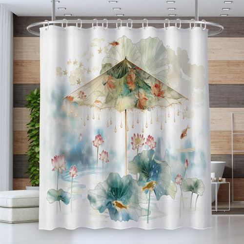 Cortina de Ducha Antimoho Tela Impermeable,Cortina Ducha 180 * 200cm,Cortina Baño,Cortinas de Baño para Bañera o Ducha,Lavable con Agua,Paraguas Retro Loto Koi
