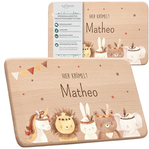 KIDSMOOD - Kinder Brettchen – Holz Frühstücksbrett mit Namen & Design nach Wahl, Perfekte Geschenkidee zur Geburt, Taufe oder als personalisierte Geschenke für Baby & Familie - Boho-Tiere