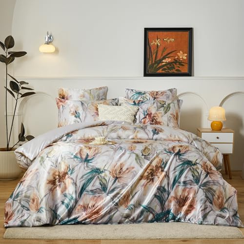Ensemble de literie satiné floral DuShow, ensemble de literie de luxe en soie pour grand lit avec 3 pièces, housse de couette douce de 230 x 220 cm avec 2 taies d'oreiller