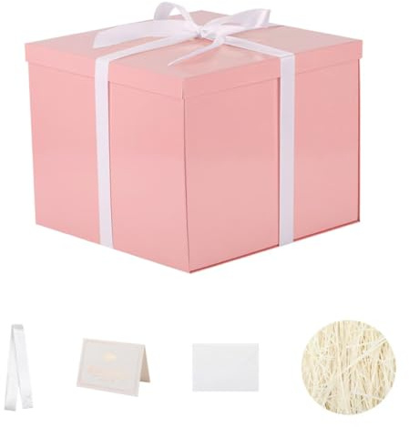 KdmNzoo Geschenkbox mit Deckel 32 x 32 x 25 cm groß xxl, Geschenkbox mit Schleifen, Grußkarten, Raffia Hamper Shreds für rosa