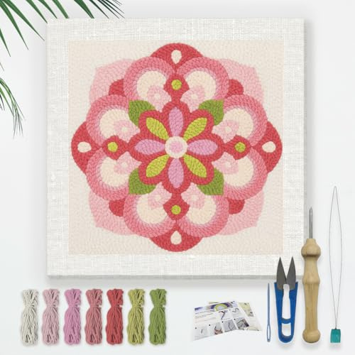 DOODLREAM Rosa Mandala Blumen DIY Punch Needle Stickset für Erwachsene und Anfänger 24cm Blumen Punch Stitching Bastelset für Anfänger mit Rahmen Stoffmuster Einfädler Garn Lochnadel