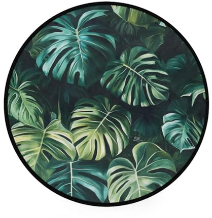 MCHIVER Monstera Deliciosa Leaves Dark Small Round Rugs 3x3 Feet Circle Area Rugs Machine Washable Non-Slip Carpet Decor Gift for Bedroom Living Room Entryway Bathroom Laundry Nursery