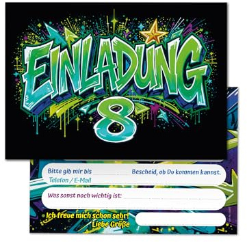 Junaversum 12 Einladungskarten zum 8. Kindergeburtstag Graffiti Kinder Mädchen Junge coole bunte Einladungen achte Geburtstag Geburtstagseinladungen Kids