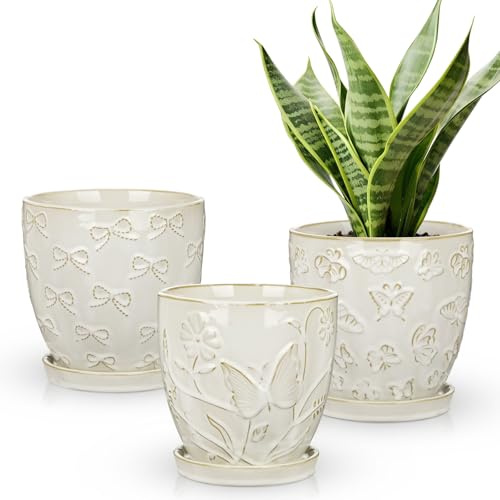 Oairse 3pcs Ceramic Plant Pot with Drainage Hole & Saucer, 15CM White Indoor Planter for Plants, Embossed Flower Pot for Succulents, Herbs, Cactus, Small Houseplants, Plant Pots for Home Decor