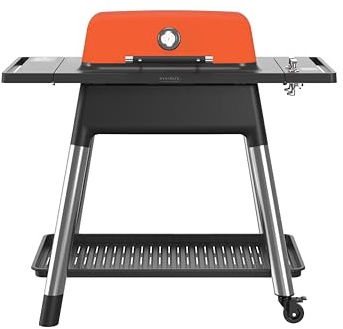 Everdure by Heston Blumenthal Force 2 Burner Gas BBQ – Premium Outdoor Gas Barbecue with Fast Ignition, Cast Iron Grill Plates, High Hood Convection Cooking & Temperature Gauge – Garden BBQ in Orange