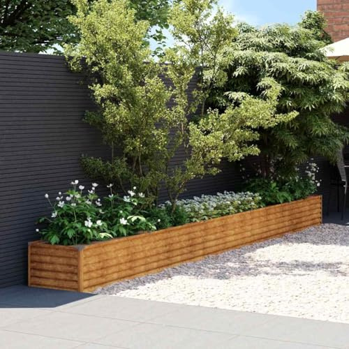 Letto Rialzato da Giardino in Acciaio Corten, con Bordi Arrotondati e Supporti Interni, Cassoni per Orto Rialzato, Aiuola Rialzata da Esterno, per Giardino e Balcone, Colore Ruggine, 482 x 50 x 36 cm