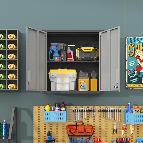 LLGWGL Metall Wandschrank Hängeschrank Werkzeugschrank - Wandmontage Schrank mit Türverschluss & Ablage für Garage Werkstatt Büro Küche Bad Wohnzimmer Werkstatt,H77xB75xT30 cm (Schwarz+Grau)
