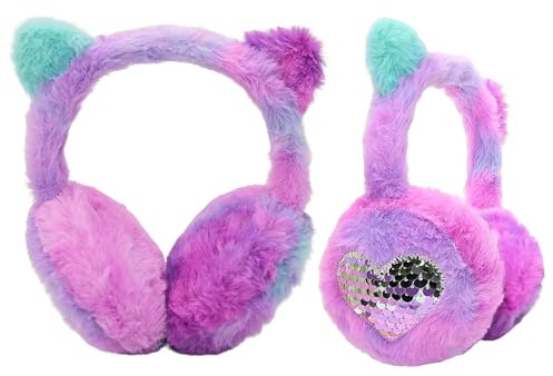 IHCEMIH Ear Muffs Girls Cat Sequins Earmuffs Winter Accessories Fluffy Plush Adjustable Outdoor Thermal Ear Warmer Skiing Running Ears Covers Protector from Wind Cold Gift for Children