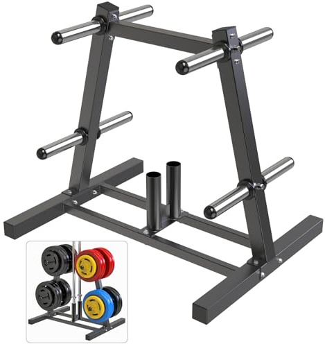 SELEWARE Olympic Weight Plate Tree Rack with 8 Weight Pegs & 2 Barbell Holders, Heavy-Duty Steel Gym Storage Organizer with Locking Wheels for 2 Inch Olympic Plates & Bars