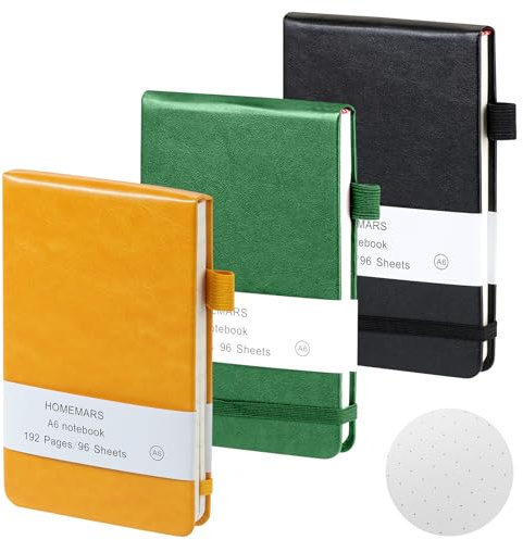 HOMEMARS Notizbuch a6,Hardcover PU Leder Journal,200 Pages,14.8cm*9.5cm,Gelb, Grün, Schwarz,3er-Pack,Notizblock a6,Dotted,Notizheft,Kleines Notizbuch