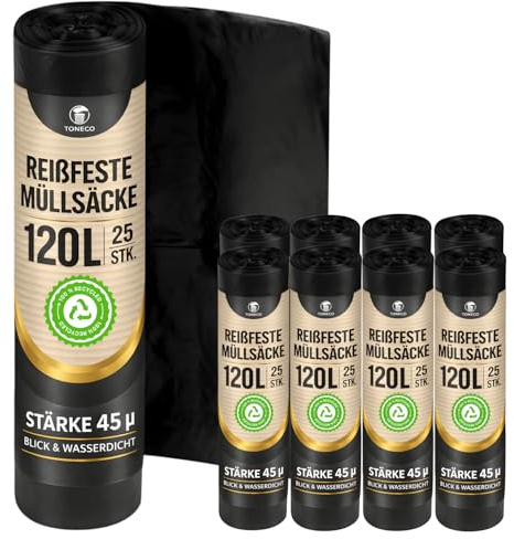Toneco starke Müllsäcke 120L, Typ 70 – 200 Stück – extra reißfest & wasserdicht – 8 Rollen - 100% recycelt – stabile Müllbeutel 120L, Mülltüten 120 Liter für Haushalt, Büro, Garten & Gastronomie (200)
