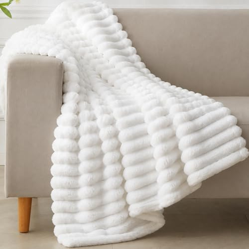 COZYXWORLD Kuscheldecke Flauschig Fleecedecke Weiß Couchdecke 150x200cm | OEKO-TEX Wohndecke, 380GSM Weiche Sofadecke Couchdecke & Tagesdecke,Deko Streifen Cord Decke als Überwurf für Wohnzimmer,