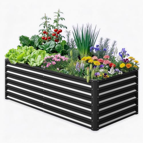 SUNYRISY Hochbeet Metall für Garten, 180x90x60cm Verzinkter Stahl Pflanzkasten Blumenkasten Kräuterbeet Pflanzbeet Blumenbeet Hochbeet-Kit für Balkon Terrasse, Schwarz
