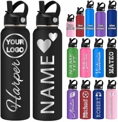 Personalisierte Trinkflasche mit Namen Logo Gravur 350/530/700/950/1150Ml Doppelwandig Isoliert Edelstahl Wasserflaschen mit Strohhalmdeckel Und Tragegriff Geschenk Für Schule Sport Büro