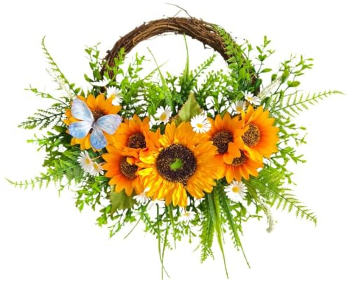 Sunflower Front Door Wreath 45cm Artificial Summer Floral Wreath with Daisy Butterfly, Rustic Hanging Decoration for Porch Home Wall (45cm,Yellow)