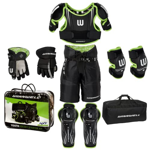 Winnwell Youth Hockey Gear Set - Ice Hockey Equipment with Bag - Shoulder, Elbow, Shin Pads, Gloves, Pants & Bag (Medium, Black/Green)
