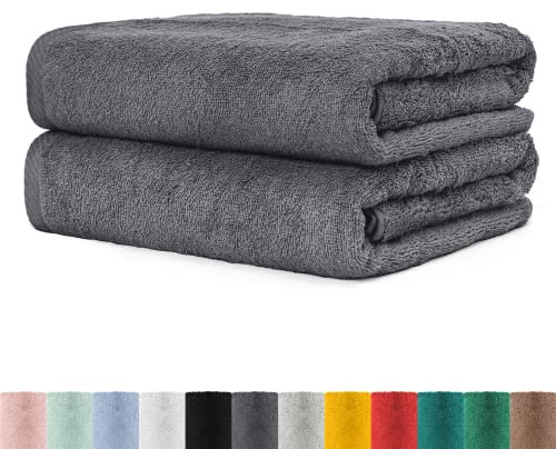 BaSaTex - 2er Set XXL Saunatuch Baumwolle in 80x200 cm - Saunahandtuch Badetuch aus hochwertigem Frottee mit Aufhängeschlaufe - Großes Strandtuch Öko-Tex Made in Green Zertifiziert - Anthrazit