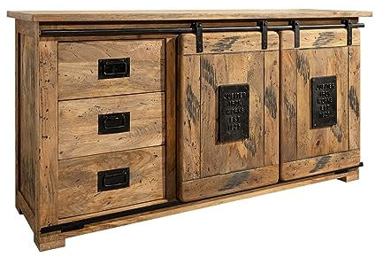 MASSIVMOEBEL24.DE Sideboard Mango Natur lackiert Railway #100 | 150x45x80 (BxTxH) 70 kg Industrial montiert vollmassiv