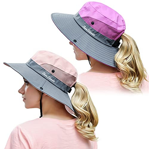Muryobao Sommer-Sonnenhut für Damen, Pferdeschwanz, UV-Schutz, breite Krempe, faltbar, Safari-Angelmütze, 2 Stück, 2er-Pack, Violett und Rosa, Einheitsgröße