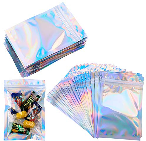 Jodsen Mylar Zip Lock Bags, 100 Pcs Clear Golden Resealable Aluminum Foil Metallic Flat Storage Bags with Valve Zipper for Candy Cookies (7.5*10cm)