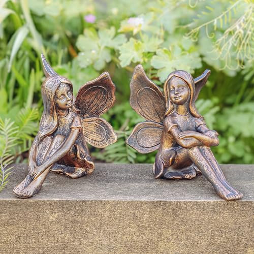 Garden Mile Set of 2 Fairy Garden Ornaments outdoor Weatherproof Resin Figurines Indoor and Outdoor Decor, Stone Effect Angel Statues, Unique Gift for Her