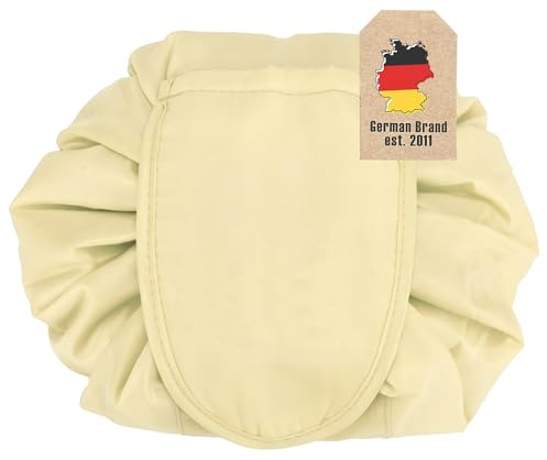 Intirilife Kosmetiktasche in Cashew BEIGE - 62 x 54 cm - Runder One Step Kulturbeutel mit Kordelzug zum Zusammenziehen mit 2 inneren Reißverschlussfächern zur Aufbewahrung von Make-Up etc.