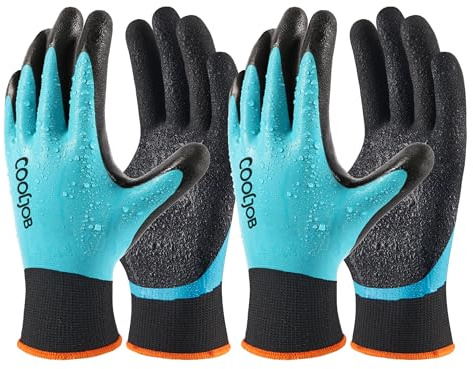 COOLJOB Waterproof Gardening Work Gloves with grip for Women & Men, Double Rubber Coated for Garden Yard Outdoor Construction Worker, Blue Medium Size 2 Pairs