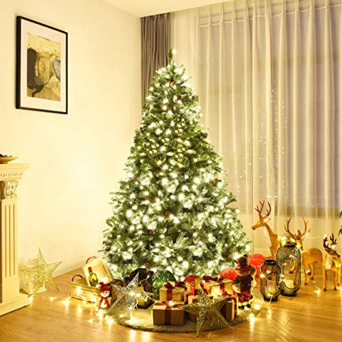 RELAX4LIFE Albero di Natale 210/225/240 cm, Albero di Natale con Luci 460/540/600 Incorporate e Pigne, Folto e Realistico, Decorazione Natalizia per Casa, Ufficio e Negozio (210cm)