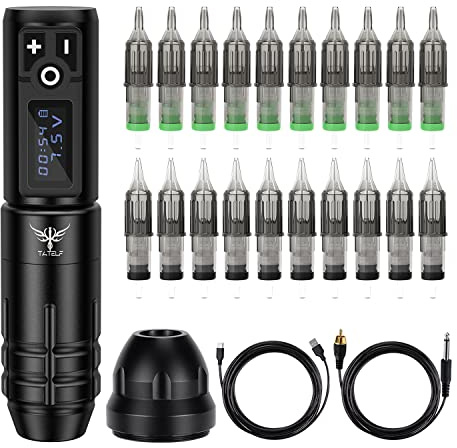 Complete Maschine Set Profi mit 1800mAh Akku Power Supply 20 Cartridge Nadeln Complete Pen Gerät für Anfänger und Künstler TATELF