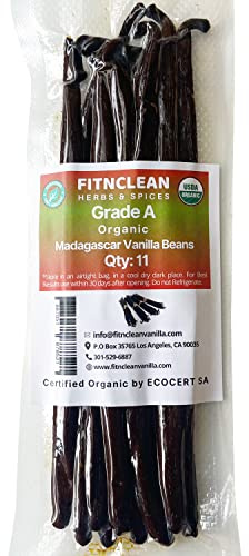 11 Madagascar Organic Vanilla Beans Grade A. Certified USDA Organic. ~6 by FITNCLEAN VANILLA for Cooking, Extract and Baking. Bourbon Fresh Gourmet NON-GMO Whole Pods
