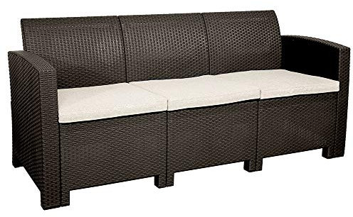 Trueshopping Marbella 3 Seater Garden Bench - Rattan Garden Furniture Set with Cream Machine Washable Cushions for Comfortable Outdoor Seating - Weather-Resistant & Lightweight Rattan Sun Loungers