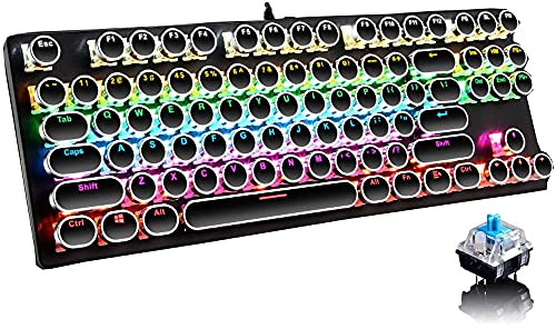 Hisxus Mechanical Gaming Keyboard,87 Key Retro Punk Typewriter-Style,Blue Switch Rainbow Backlit Keyboard,Anti-Ghosting, USB Wired, for PC Laptop Desktop Computer, for Game and Office (black)