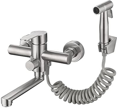 HomeLava Wandarmatur für Küche Wasserhahn Küche Wandmontage mit Spritzpistole und 2 Wasserstrahlarten 360° Drehbar Auslauf kurz 18cm Edelstahl Küchenarmatur Spültischarmatur Armatur