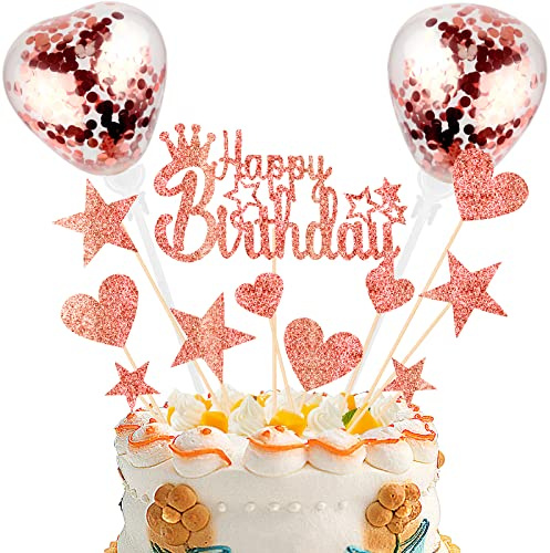 Rose Gold Cake Decorations Happy Birthday Cake Toppers Kit Glitter Cupcake Topper Party Supplies for Birthday Party Anniversary