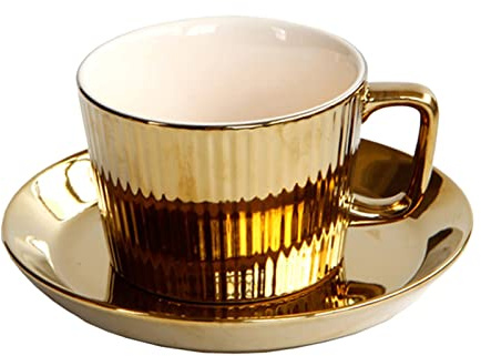 RETHPA Tazzine da Caffè Set di tazza di caffè e piattino in ceramica placcati in oro da 250 ml - bianco
