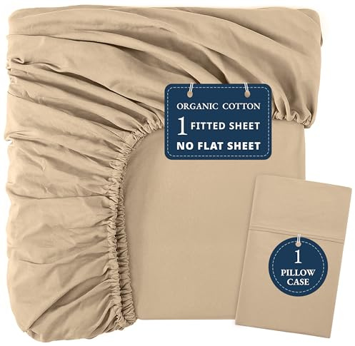 LANE LINEN Twin XL Fitted Sheet, 100% Organic Cotton 2-Piece Set (1 Fitted Sheet, 1 Pillowcase), Percale Weave, Bottom Sheet, Soft, Breathable, Fits Mattress Upto 15 Deep - Linen (No Flat Sheet)
