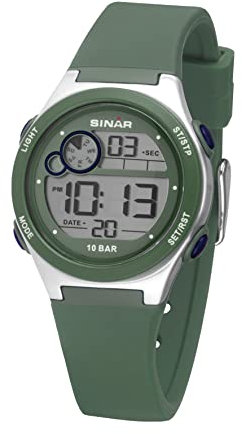 SINAR XF-68-3 - Orologio da polso per ragazzi, digitale, al quarzo, 10 bar, con allarme, luce EL e cinturino in silicone, verde oliva, blu, verde, Sportivo