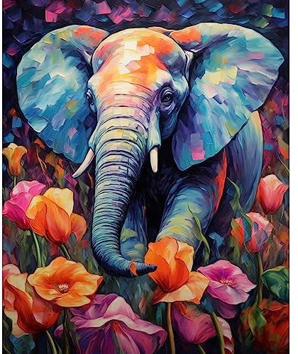 Tucocoo Elefant Malen nach Zahlen für Erwachsene Anfänger, DIY Digital Ölgemälde Kits auf Leinwand mit Pinseln und Acrylpigment, Tulpenblumen Tier handbemalt für Heimdekoration 40 x 50 cm (rahmenlos)