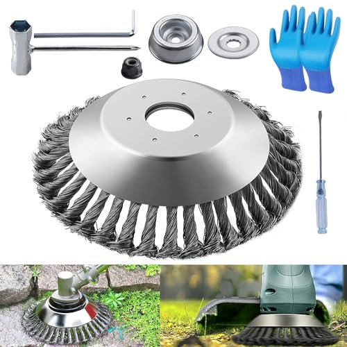 Unkrautbürste für Rasentrimmer 8 Zoll,Profi Unkrautbürste für Freischneider mit 25,4mm Bohrung,Wildkrautbürste für Motorsense,Drahtbürste für Freischneider Inkl Installationszubehör