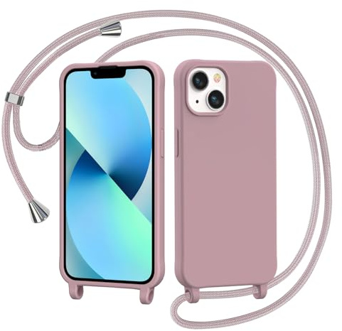 AOMYKE Handyhülle für iPhone 13 / iPhone 14 Hülle mit Band, Handyband iPhone 13 / iPhone 14 Hülle zum Umhängen Schutzhülle mit Kette Kordel Weich TPU Liquid Silikon Case, Pink