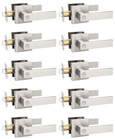 Tinewa 10 Pack Privacy Square Brushed Nickel Door Handles Interior, Keyless Door Knobs for Bedroom/Bathroom, Reversible for Left Right Handed Doors
