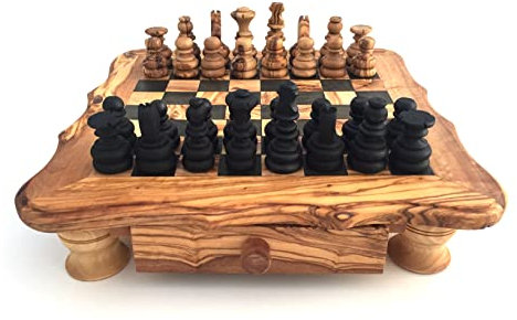 Schackbord rundad kant storlek L inklusive schackpjäser schackspel handgjort av olivträ (L)