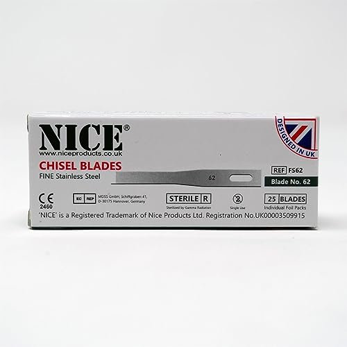 25 x NICE FINE 62 Sterile Stainless Steel Chisel Blades FS62 for Podiatry and Chiropody