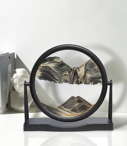 BringLED Dynamische 3D-Sandkunst mit Easy-Flip-Ständer, flüssige Bewegungs-Sandlandschaften, Treibsand (fließender Sand), entspannende Desktop-Dekoration für Zuhause und Büro, 25,4 cm, schwarzer Sand