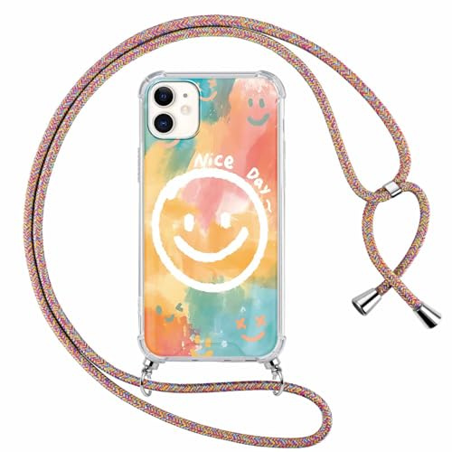 Foonary Coque avec Cordon pour Apple iPhone 11 6,1, Aesthetic Sourire Motif Réglable Collier Femmes et Filles Housse, Transparent Silicone PC Étui avec Corde Lanyard pour iPhone 11 Case,01